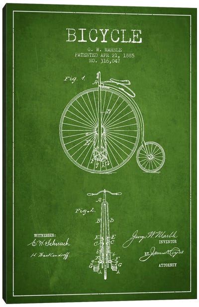Marble Bike Green Patent Blueprint Canvas Art Print - Bicycle Art