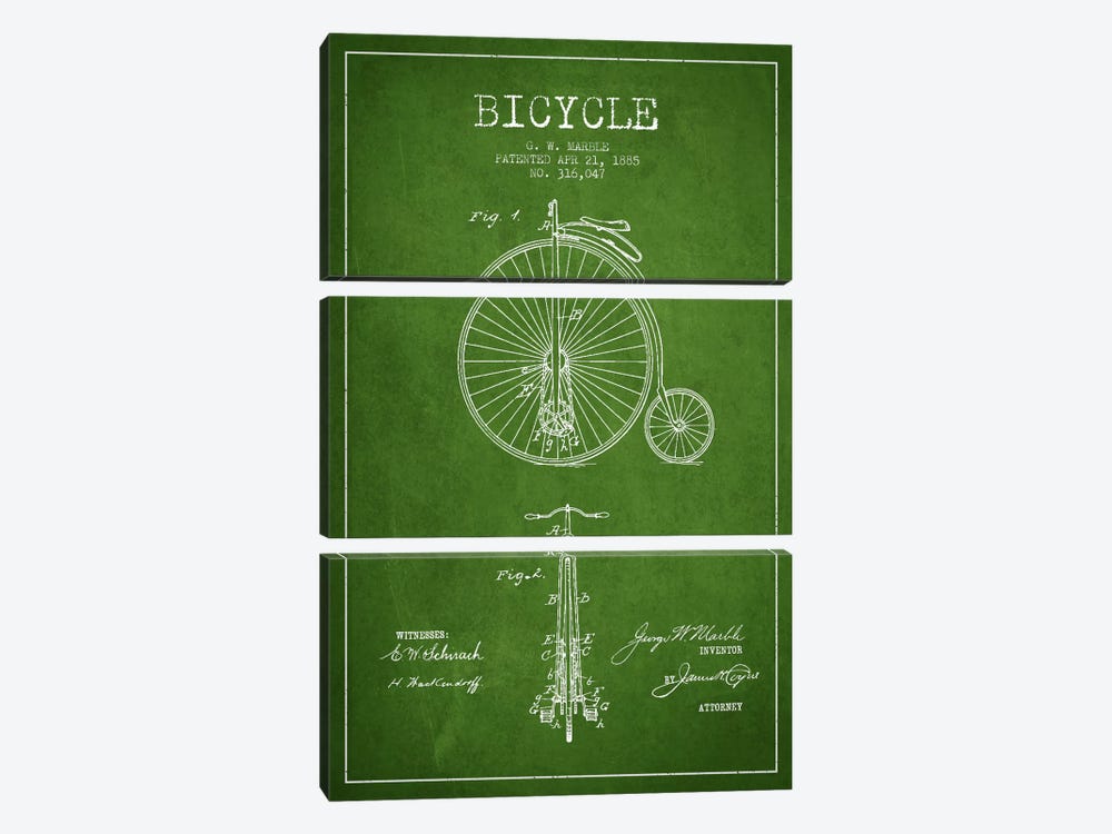 Marble Bike Green Patent Blueprint by Aged Pixel 3-piece Canvas Art
