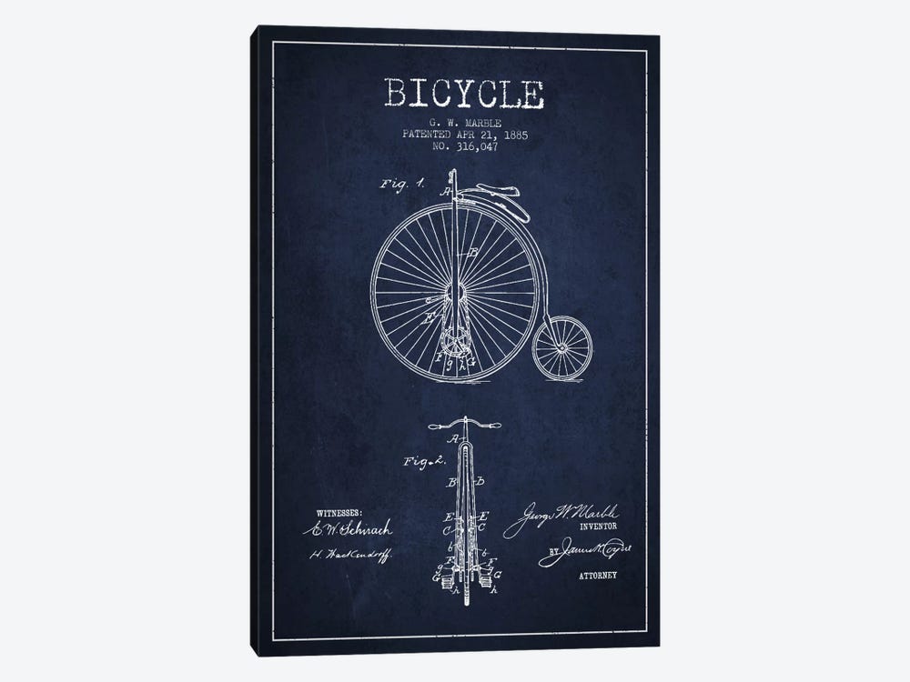 Marble Bike Navy Blue Patent Blueprint by Aged Pixel 1-piece Art Print