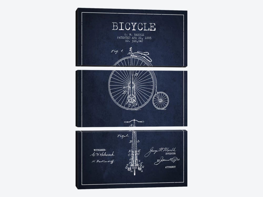 Marble Bike Navy Blue Patent Blueprint by Aged Pixel 3-piece Art Print