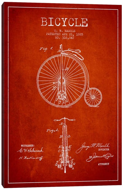 Marble Bike Red Patent Blueprint Canvas Art Print - Bicycle Art