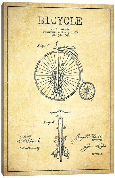 Marble Bike Vintage Patent Blueprint Canvas Art Print - Aged Pixel: Sports