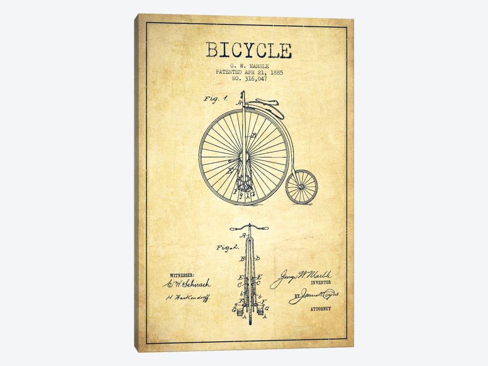 Marble Bike Vintage Patent Blueprint by Aged Pixel 1-piece Canvas Art Print