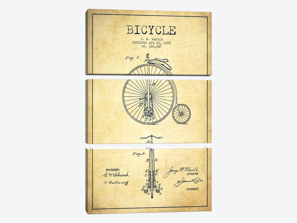 Marble Bike Vintage Patent Blueprint by Aged Pixel 3-piece Canvas Art Print