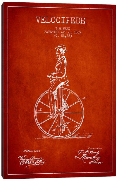 Ward Velocipede Red Patent Blueprint Canvas Art Print - Bicycle Art