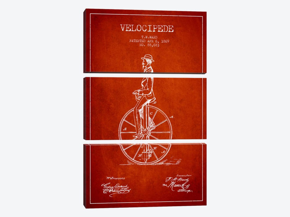 Ward Velocipede Red Patent Blueprint by Aged Pixel 3-piece Canvas Wall Art