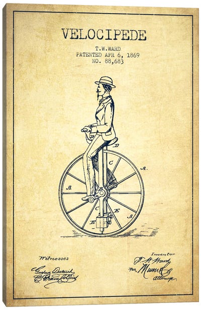 Ward Velocipede Vintage Patent Blueprint Canvas Art Print - Bicycle Art