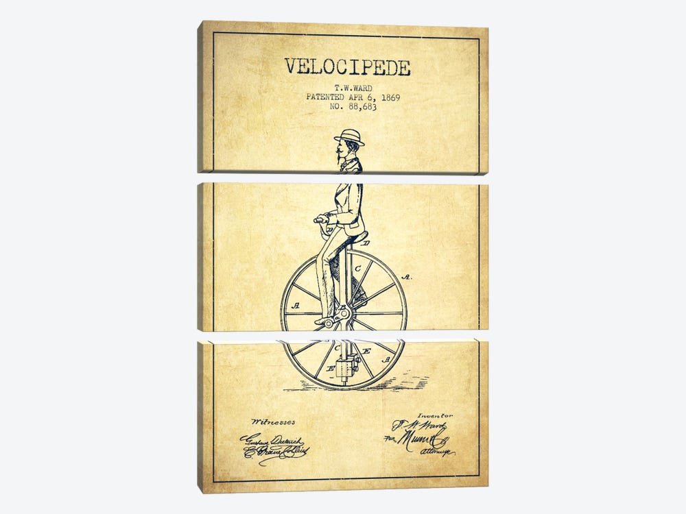 Ward Velocipede Vintage Patent Blueprint by Aged Pixel 3-piece Canvas Art Print