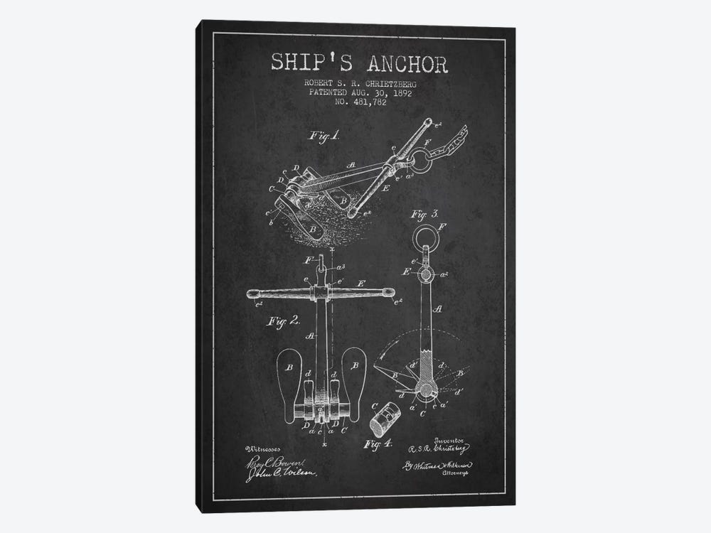 Anchor Charcoal Patent Blueprint by Aged Pixel 1-piece Canvas Wall Art