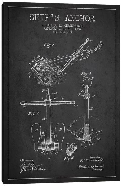 Anchor Charcoal Patent Blueprint Canvas Art Print - Aged Pixel: Nautical