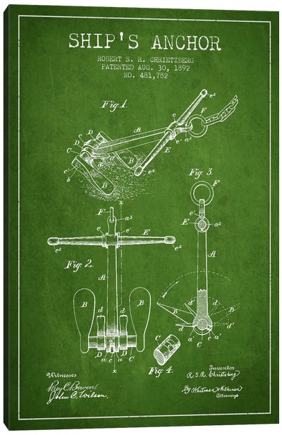 Anchor Green Patent Blueprint Canvas Art Print - Nautical Blueprints