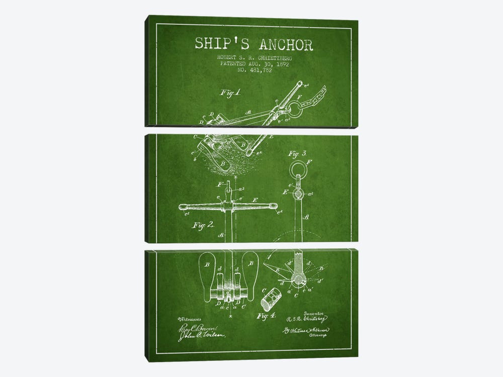 Anchor Green Patent Blueprint by Aged Pixel 3-piece Art Print
