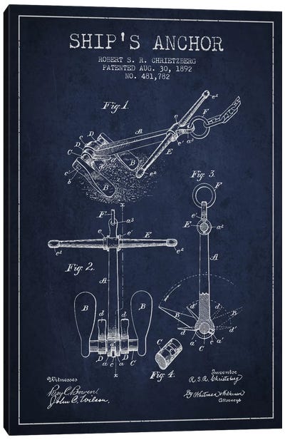 Anchor Navy Blue Patent Blueprint Canvas Art Print - Aged Pixel: Nautical