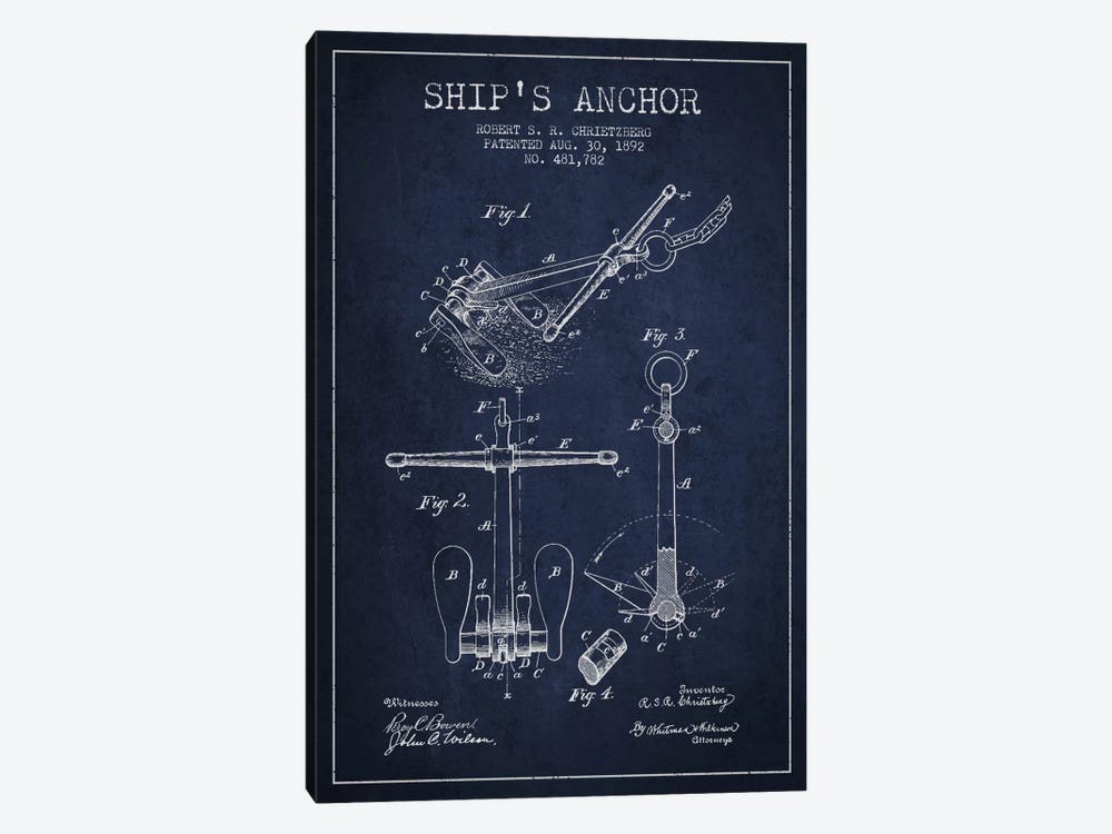 Anchor Navy Blue Patent Blueprint by Aged Pixel 1-piece Canvas Artwork