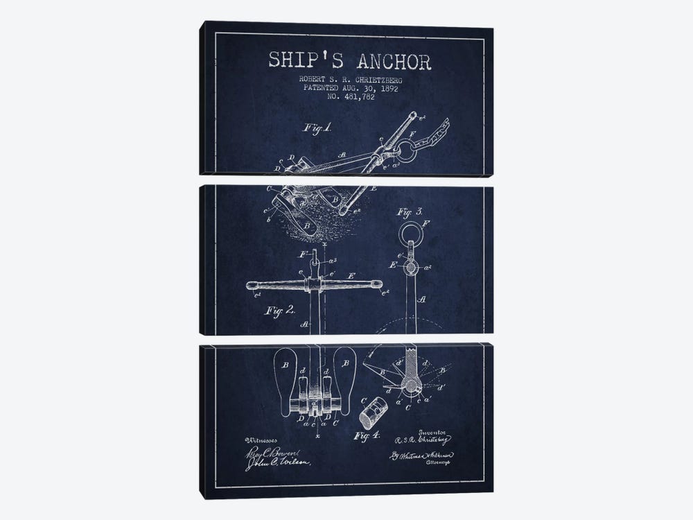 Anchor Navy Blue Patent Blueprint by Aged Pixel 3-piece Canvas Art