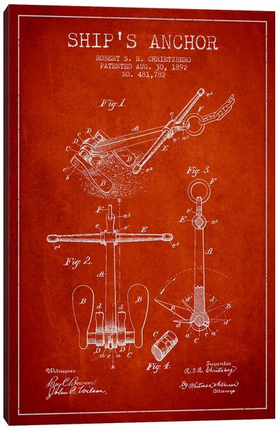 Anchor Red Patent Blueprint Canvas Art Print - Nautical Blueprints