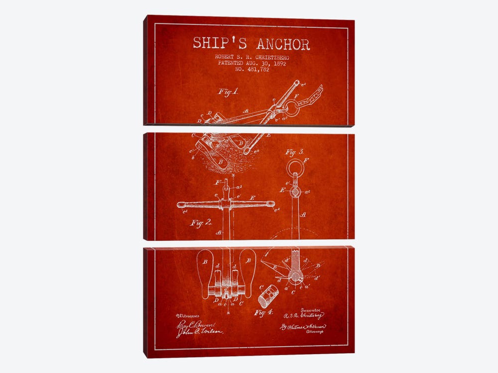 Anchor Red Patent Blueprint by Aged Pixel 3-piece Canvas Art Print