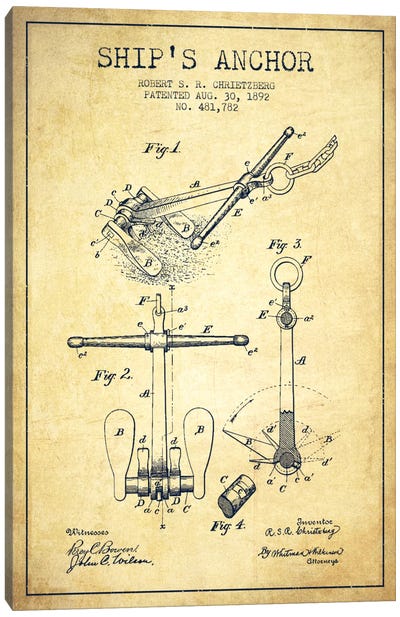 Anchor Vintage Patent Blueprint Canvas Art Print - Nautical Blueprints