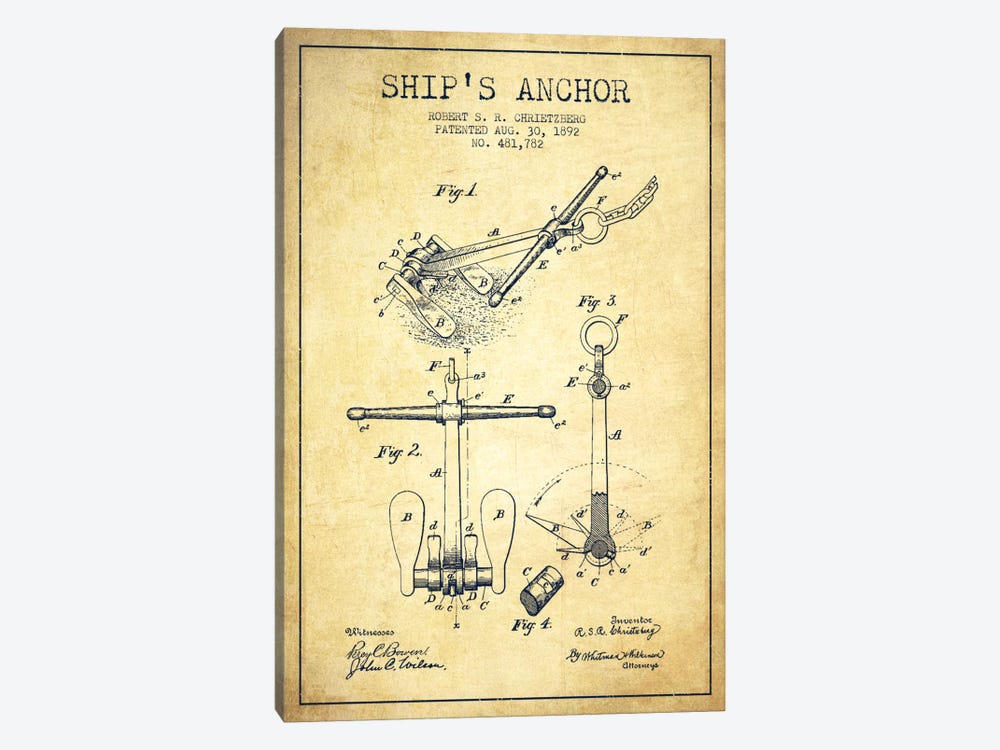 Anchor Vintage Patent Blueprint by Aged Pixel 1-piece Canvas Wall Art