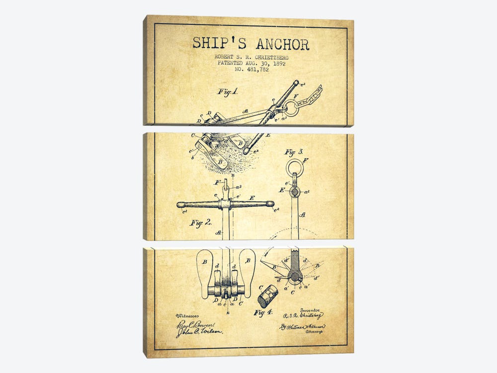 Anchor Vintage Patent Blueprint by Aged Pixel 3-piece Canvas Art