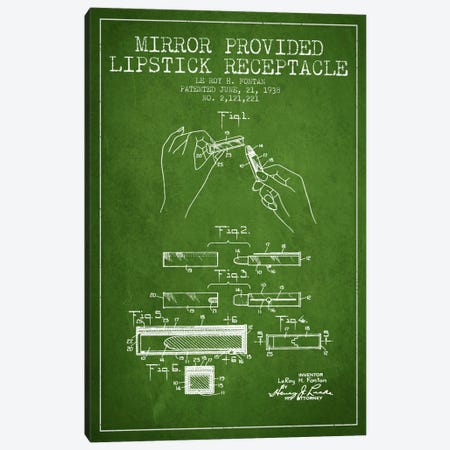 Mirror Provided Lipstick Green Patent Blueprint Canvas Print #ADP259} by Aged Pixel Canvas Wall Art