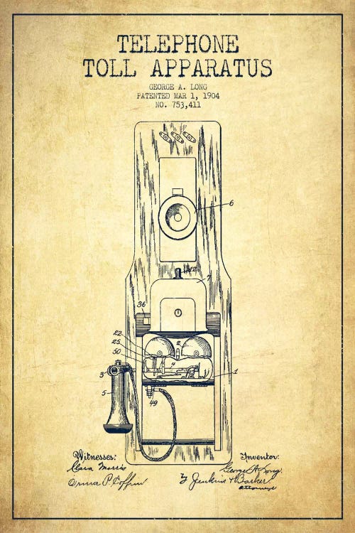 Long Telephone Toll Vintage Patent Blueprint by Aged Pixel wall art