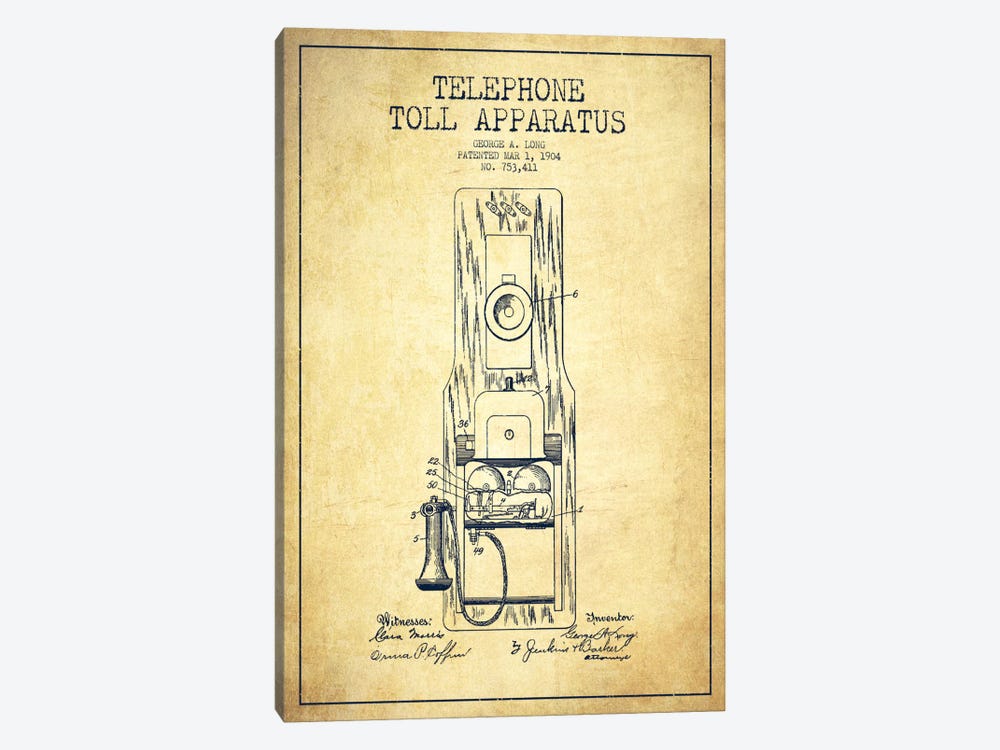 Long Telephone Toll Vintage Patent Blueprint by Aged Pixel 1-piece Canvas Artwork