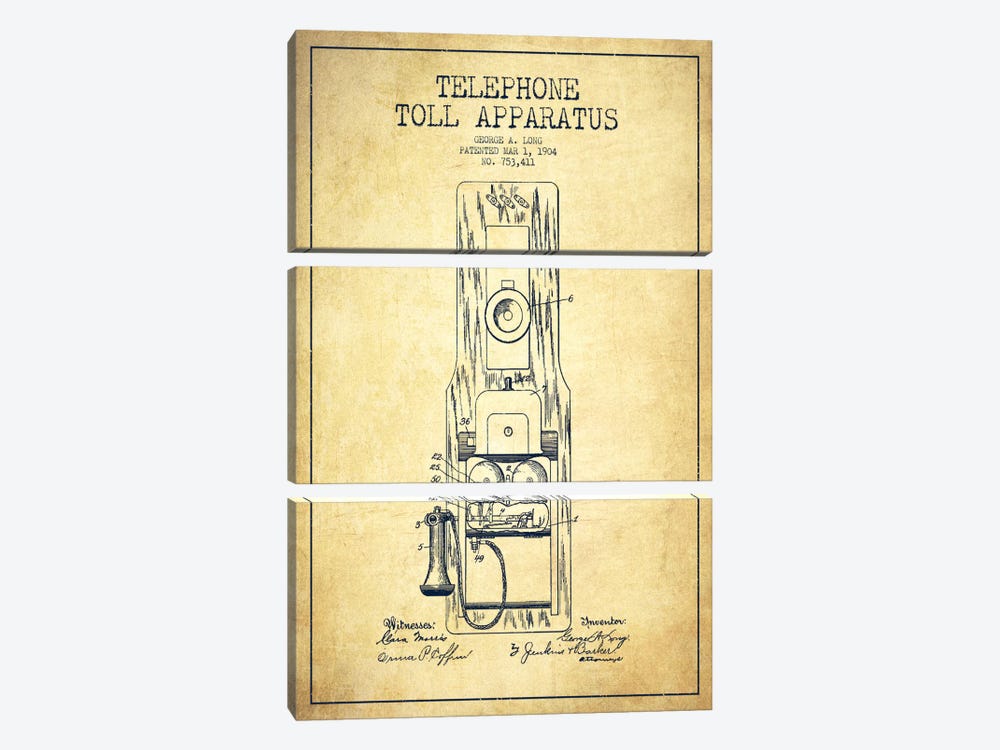 Long Telephone Toll Vintage Patent Blueprint by Aged Pixel 3-piece Canvas Art