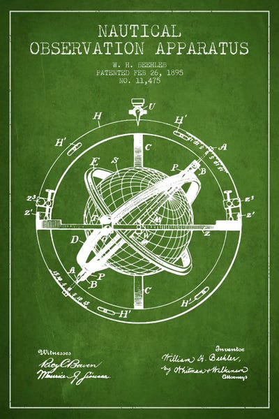 Nautical Observation Apparatus Green Patent Blueprint by Aged Pixel framed canvas print