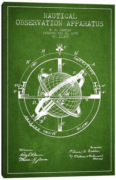 Nautical Observation Apparatus Green Patent Blueprint Canvas Art Print - Nautical Blueprints