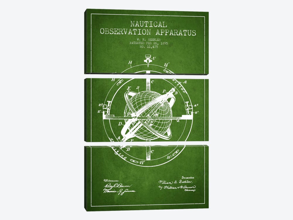 Nautical Observation Apparatus Green Patent Blueprint by Aged Pixel 3-piece Art Print