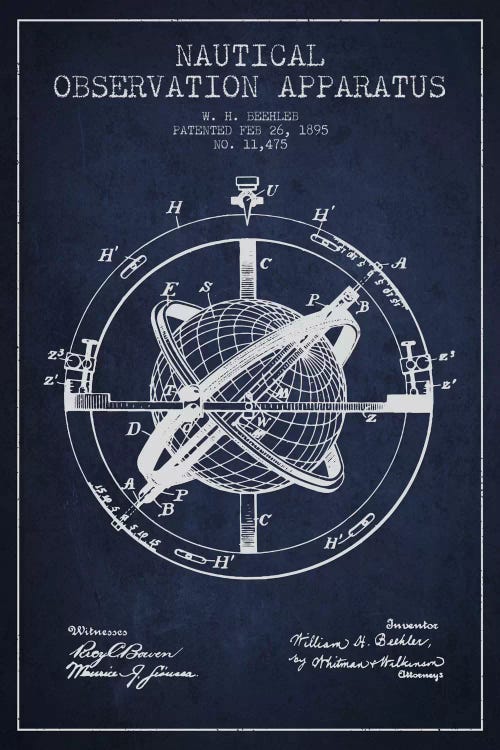 Nautical Observation Apparatus Navy Blue Patent Blueprint by Aged Pixel wall art