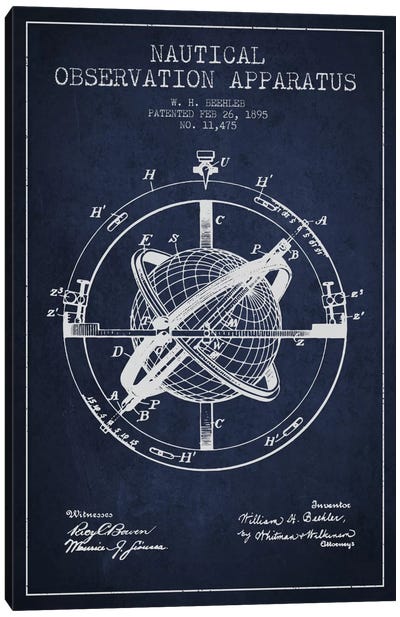 Nautical Observation Apparatus Navy Blue Patent Blueprint Canvas Art Print - Aged Pixel: Nautical