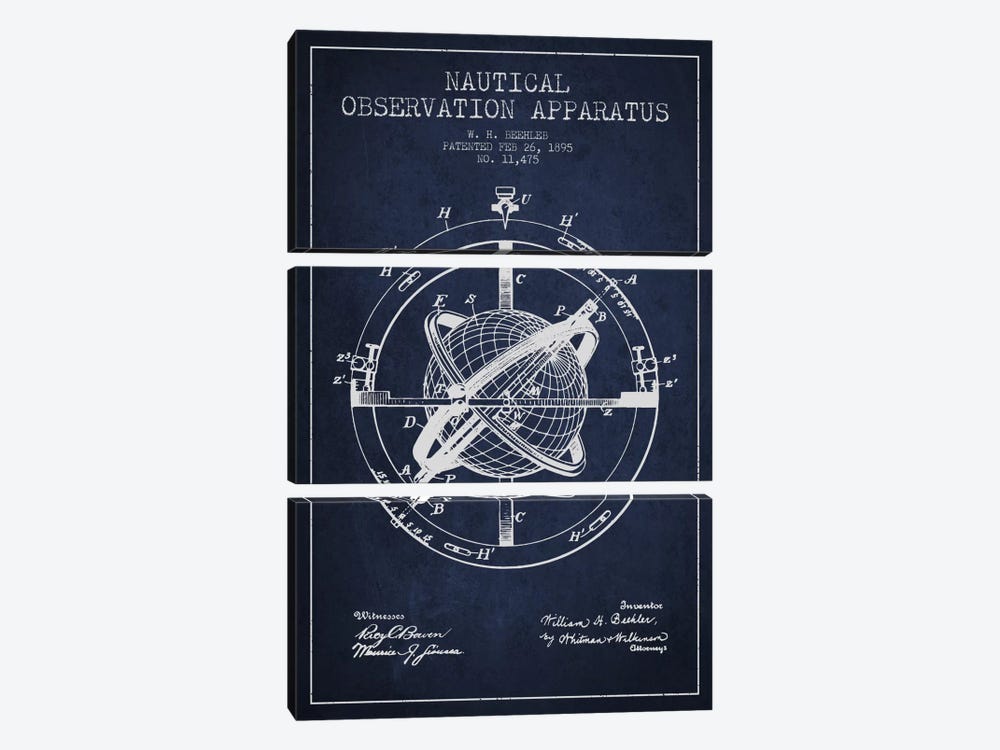 Nautical Observation Apparatus Navy Blue Patent Blueprint by Aged Pixel 3-piece Canvas Artwork