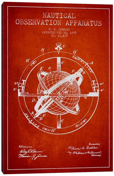 Nautical Observation Apparatus Red Patent Blueprint Canvas Art Print - Nautical Blueprints