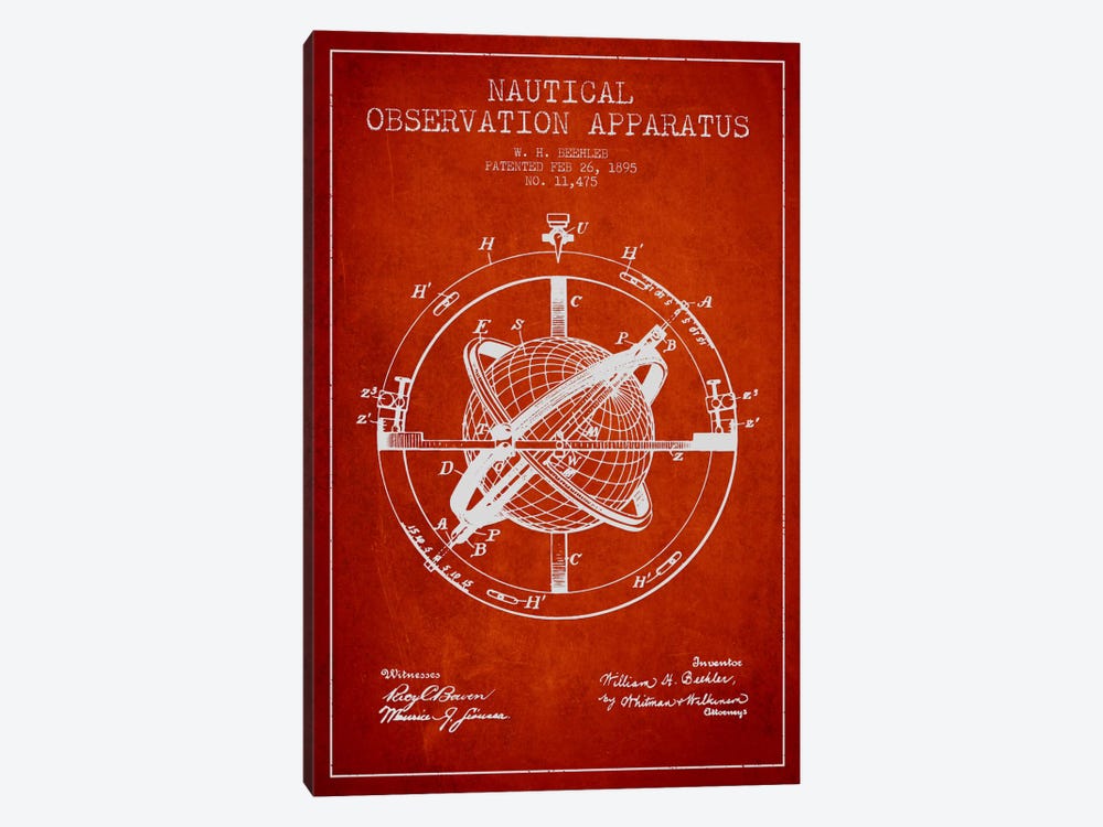 Nautical Observation Apparatus Red Patent Blueprint by Aged Pixel 1-piece Canvas Print