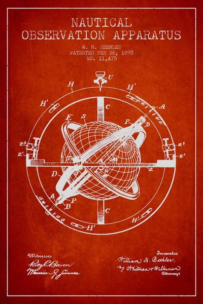 Aged Pixel: Nautical Observation Apparatus Red Patent Blueprint by Aged Pixel