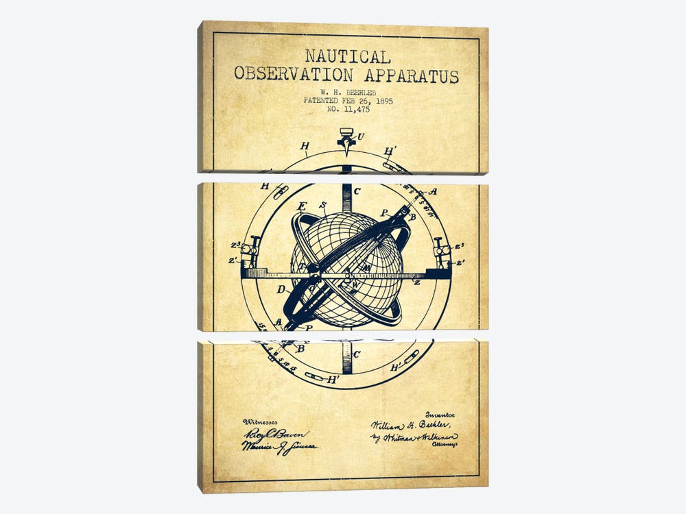 Nautical Observation Apparatus Vintage Patent Blueprint by Aged Pixel 3-piece Canvas Artwork
