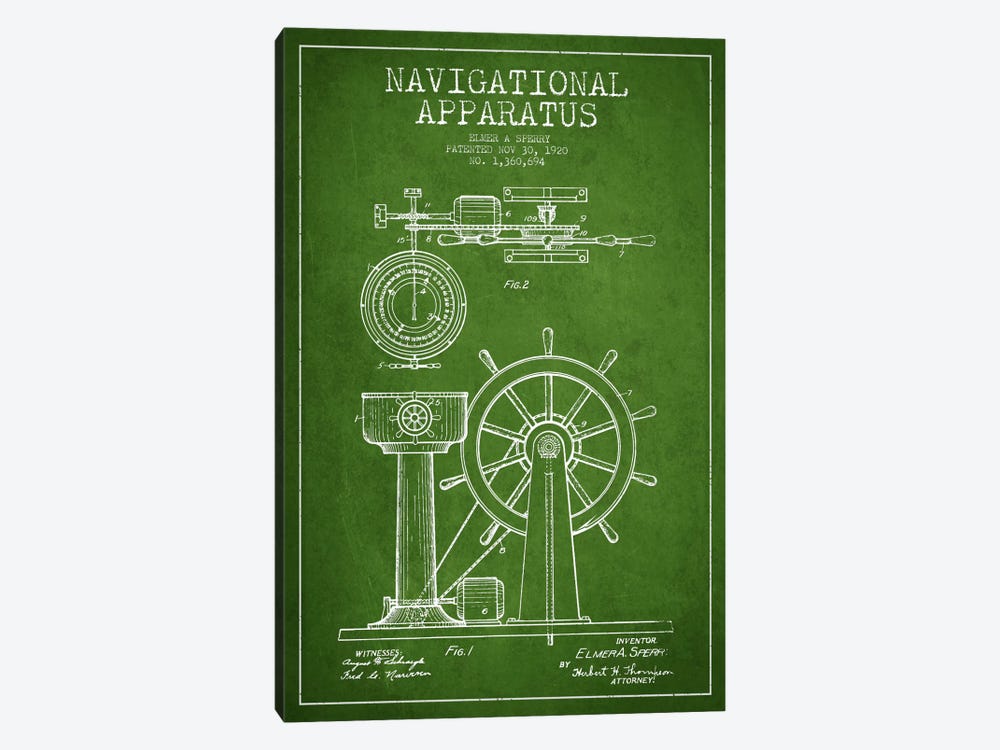 Navigational Apparatus Green Patent Blueprint by Aged Pixel 1-piece Canvas Art