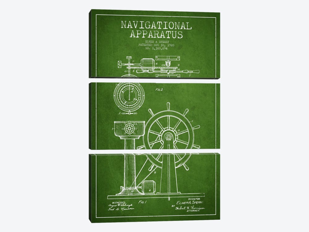 Navigational Apparatus Green Patent Blueprint by Aged Pixel 3-piece Canvas Artwork