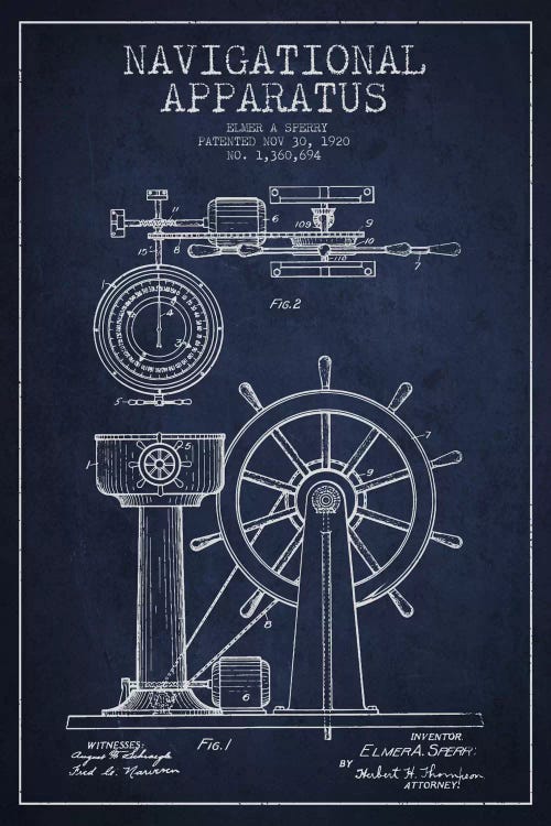 Navigational Apparatus Navy Blue Patent Blueprint by Aged Pixel wall art