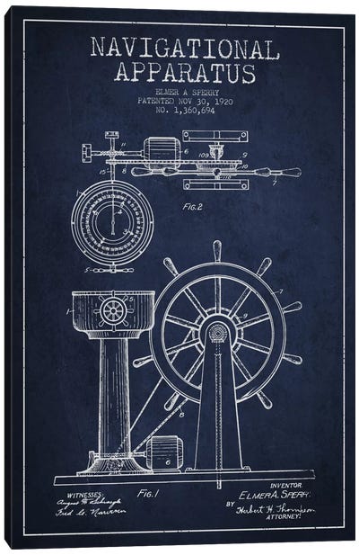 Navigational Apparatus Navy Blue Patent Blueprint Canvas Art Print - Aged Pixel