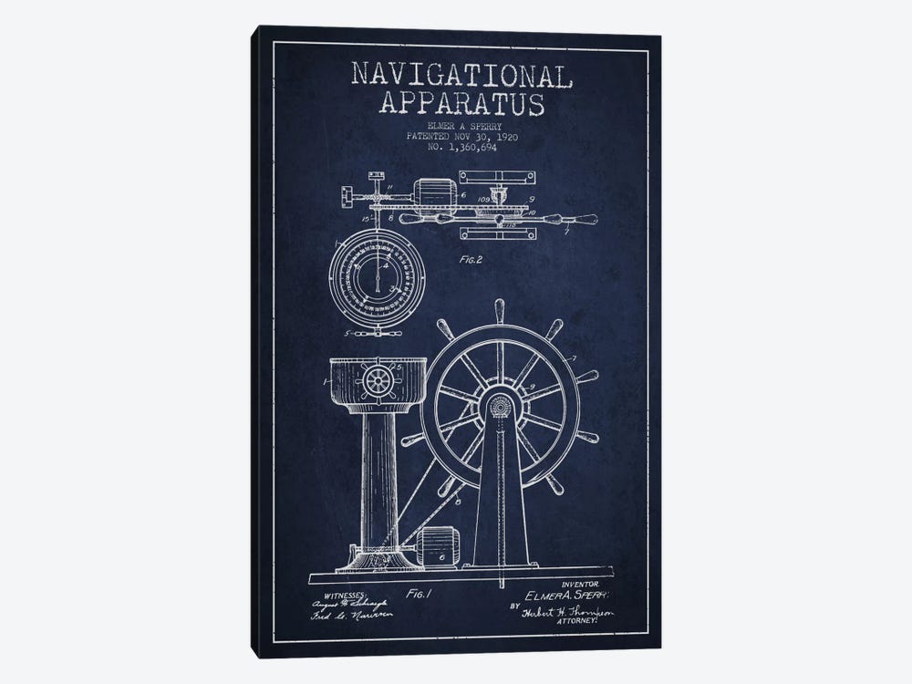 Navigational Apparatus Navy Blue Patent Blueprint by Aged Pixel 1-piece Canvas Art Print