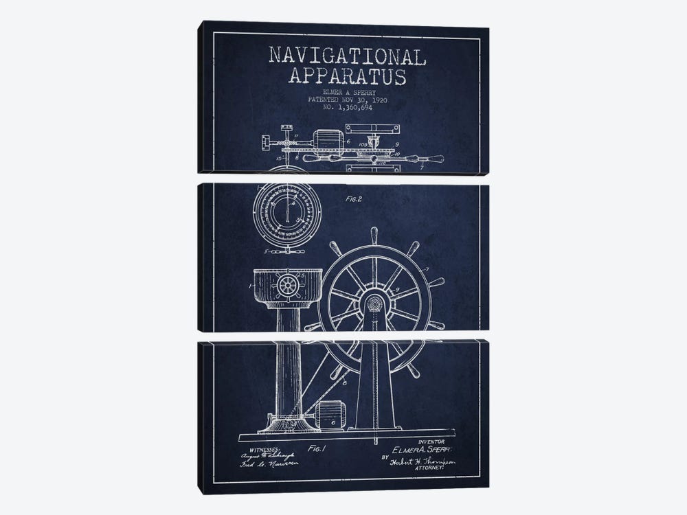 Navigational Apparatus Navy Blue Patent Blueprint by Aged Pixel 3-piece Art Print