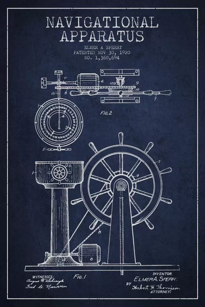 Nautical Blueprints: Navigational Apparatus Navy Blue Patent Blueprint by Aged Pixel