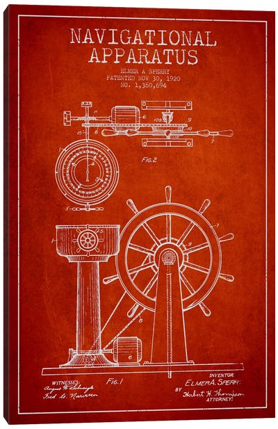 Navigational Apparatus Red Patent Blueprint Canvas Art Print - Aged Pixel: Nautical