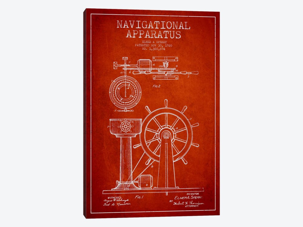 Navigational Apparatus Red Patent Blueprint by Aged Pixel 1-piece Canvas Artwork