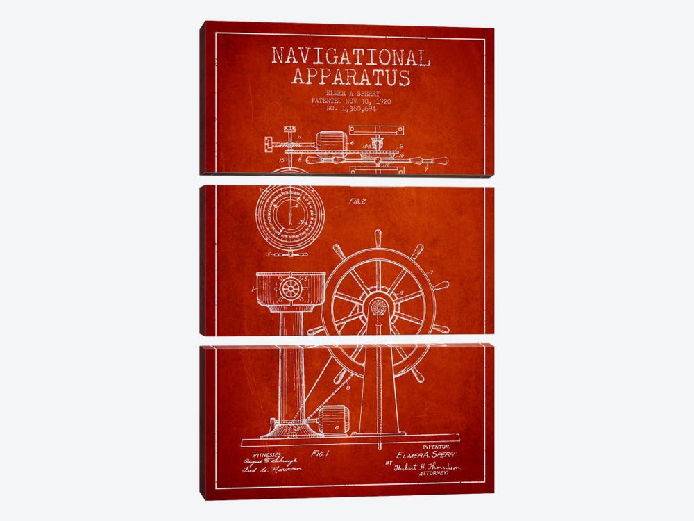 Navigational Apparatus Red Patent Blueprint by Aged Pixel 3-piece Canvas Art