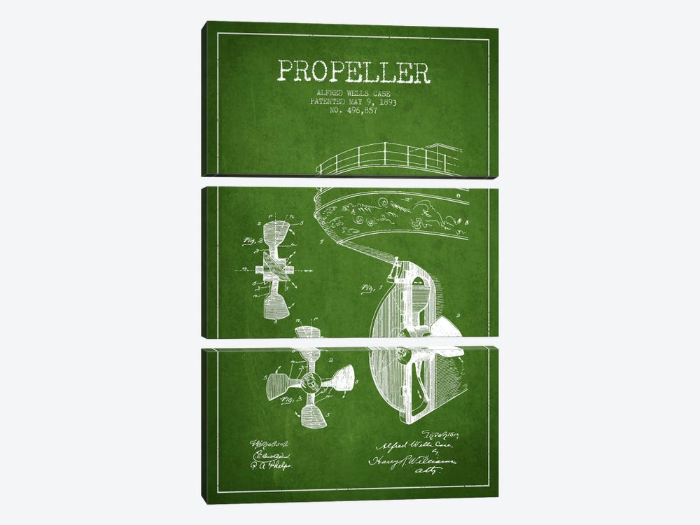 Propeller Green Patent Blueprint by Aged Pixel 3-piece Canvas Wall Art