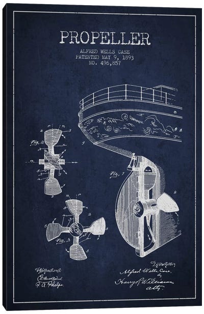 Propeller Navy Blue Patent Blueprint Canvas Art Print - Nautical Blueprints
